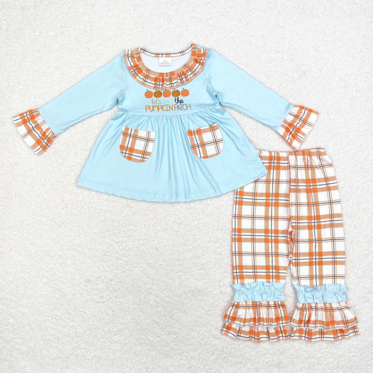rts no moq GLP1349 Pumpkin patch pumpkin orange plaid pocket blue long-sleeved trousers set
