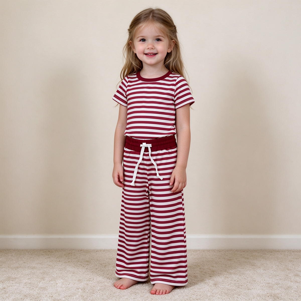 NEW RTS NO MOQ milk silk GSPO2384 Baby Girls Short Sleeve Maroon Stripe Top Straight Pant Pajamas Set Sleep Wear