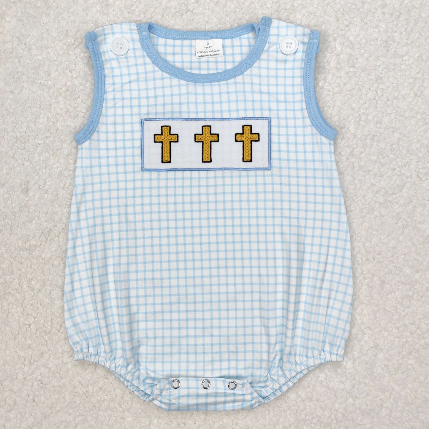 RTS NO MOQ（In Stock) Embroidered Easter cross blue plaid vest jumpsuit