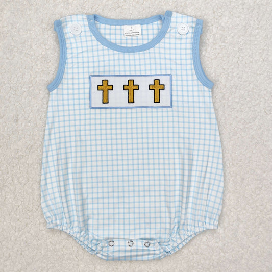 RTS NO MOQ ETA 5/7days arrived SR2505 Embroidered Easter cross blue plaid vest jumpsuit