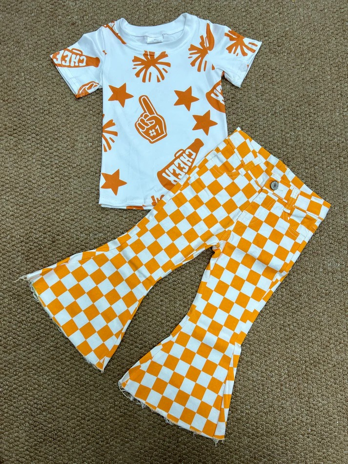 RTS NO MOQ childrens clothing denim sets Cheer Orange Shirt Checkered Bell Denim Pants Clothes Sets