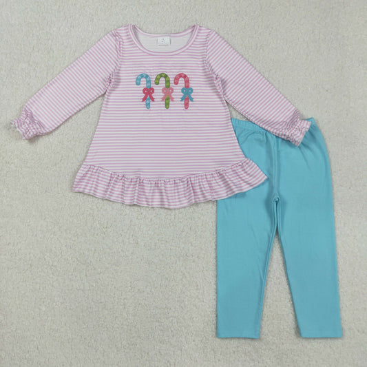 RTS NO MOQ（In Stock) GLP2468 Embroidered Bow Striped Long-Sleeved Blue Pant suit