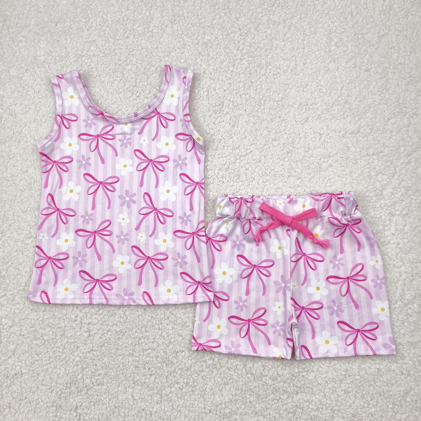 RTS NO MOQ GSSO2479 Flower rose red bow pattern striped sleeveless shorts set
