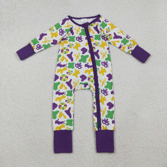RTS NO MOQ（In Stock) LR2637 Carnival Mask Camouflage Purple and White Zippered Long-Sleeved Bodysuit