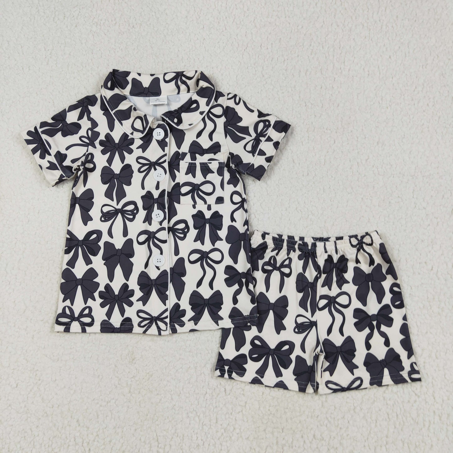 RTS NO MOQ GSSO2663 Black bow pattern white short-sleeved shorts pajama set