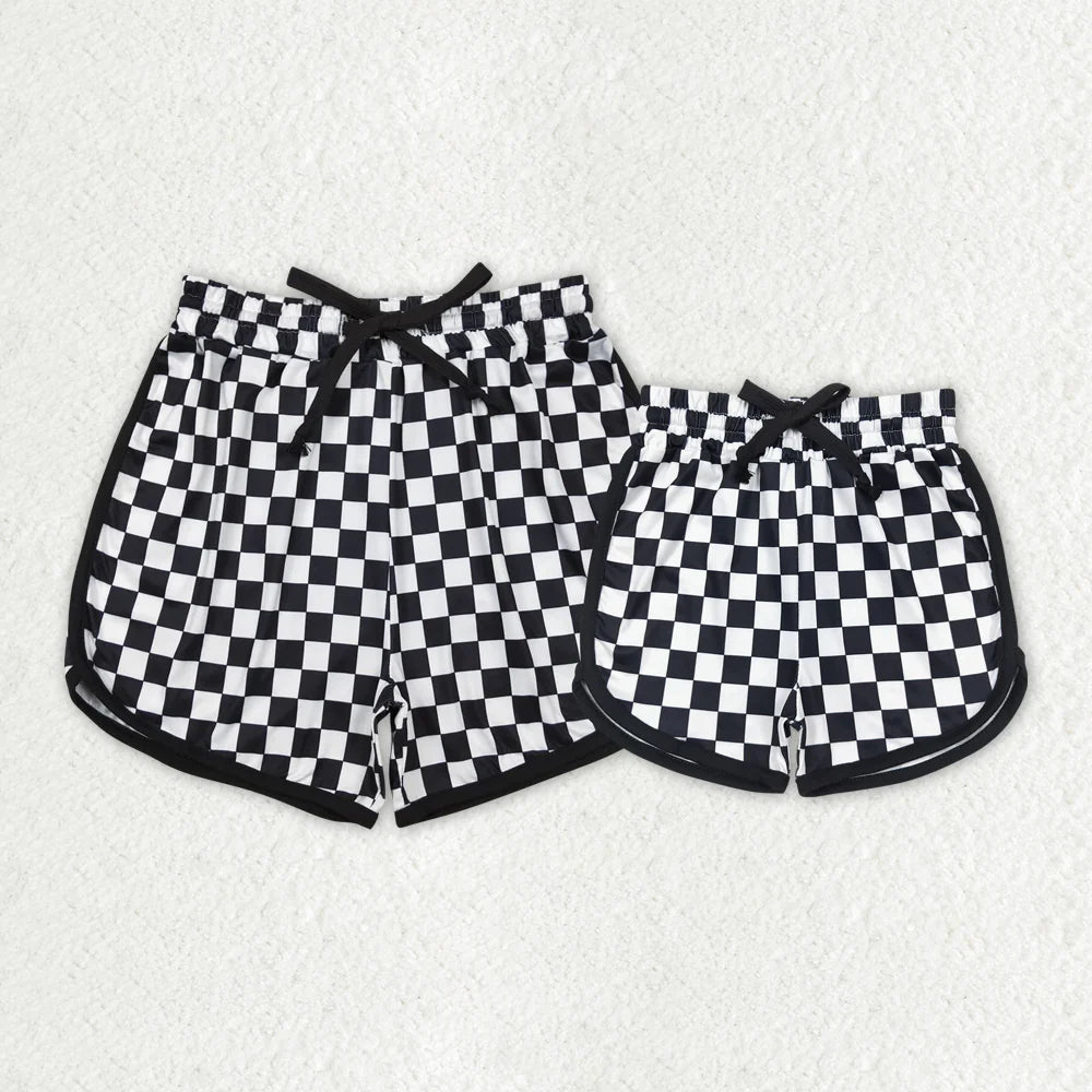 Best Sell RTS Mommy And Me Adult Baby Girls Black Checkered Bottoms Shorts Matching Outfit Set for Mother And Child