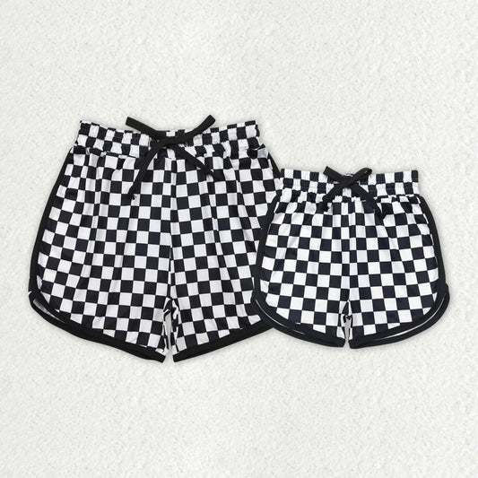 Best Sell RTS Mommy And Me Adult Baby Girls Black Checkered Bottoms Shorts Matching Outfit Set for Mother And Child