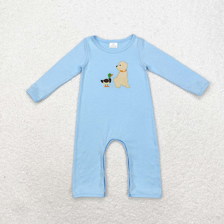 RTS NO MOQ Sibling Baby boy clothes embroidery puppy duck long Sleeve Romper Mixed Sizes