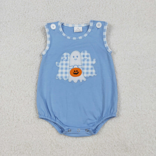 RTS NO MOQ（In Stock) SR3197 Embroidered Halloween Lantern Ghost Blue Vest Bodysuit