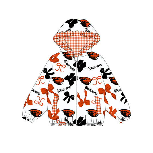 Custom moq 8 mix size milk silk summer team baby girls clothes bow black and orange hooded long sleeve top-25.9.27