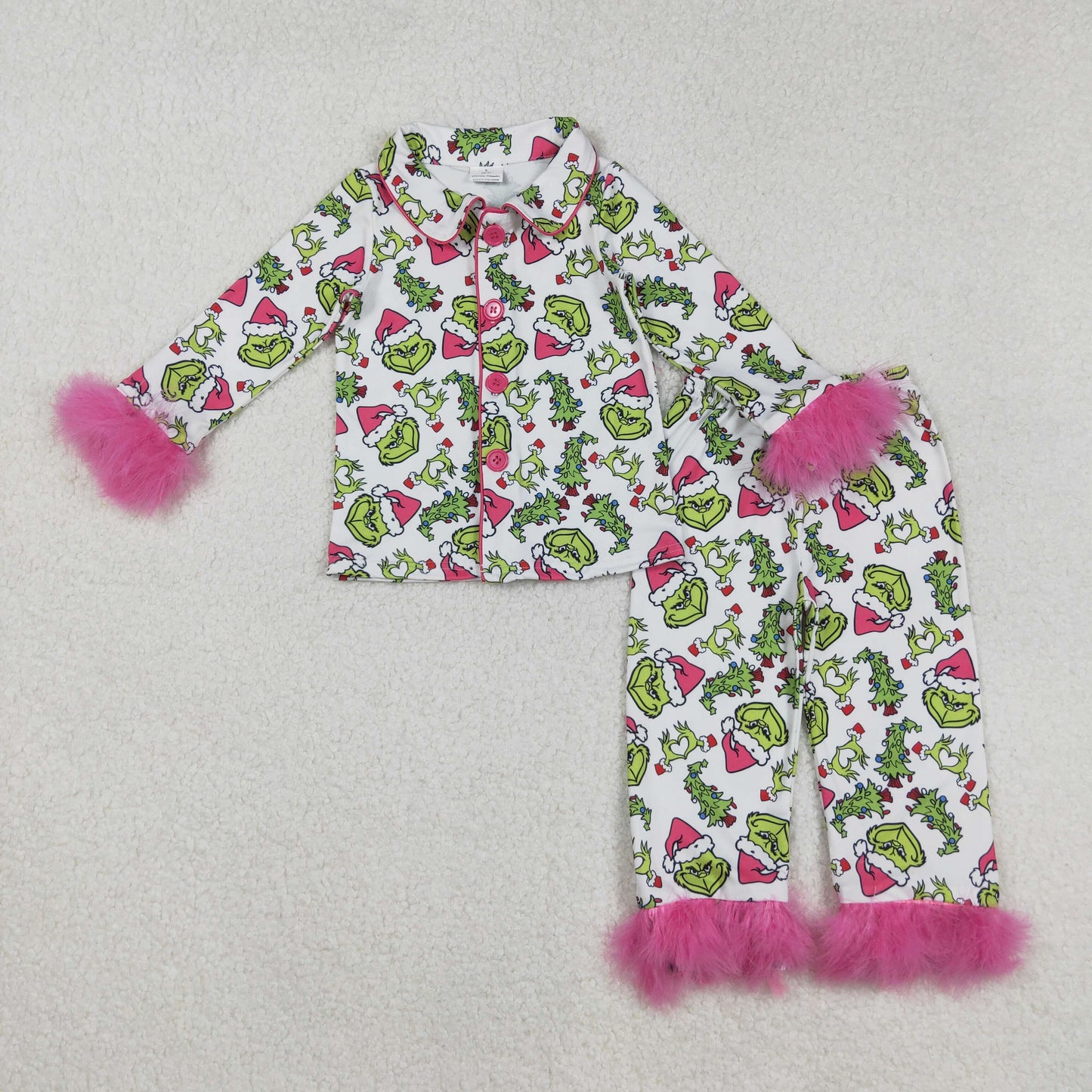 RTS NO MOQ（In Stock) GLP2647 Christmas tree rose red plush trim white long-sleeved shirt and long pants pajama set