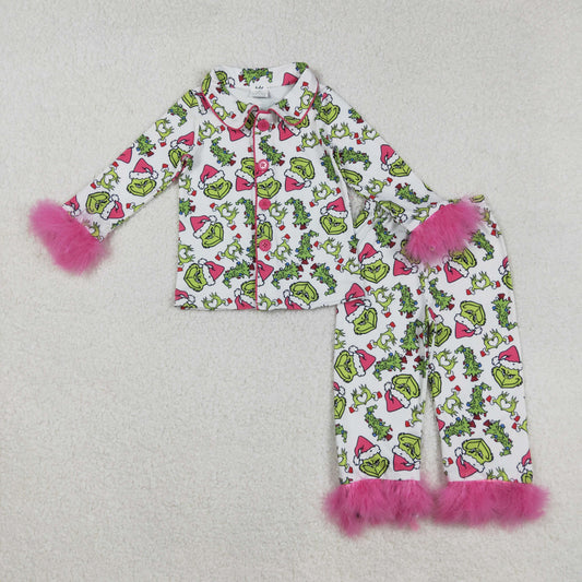 RTS NO MOQ（In Stock) GLP2647 Christmas tree rose red plush trim white long-sleeved shirt and long pants pajama set