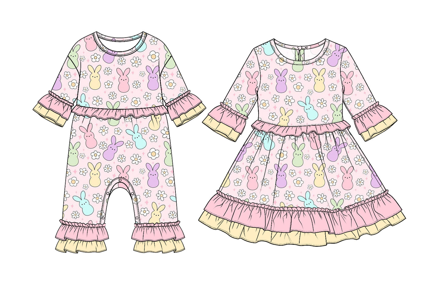 (Preorder new) No moq Baby Girls Bunny Daisy Print Tiered Ruffle Long Sleeve Dress And Baby Ruffle Trim Romper Easter Spring Matching Outfit Set