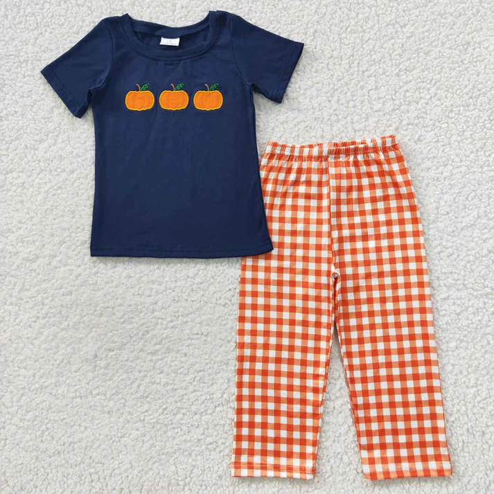 RTS Sibling baby boy clothes embroidery pumpkin short Sleeve pants sets