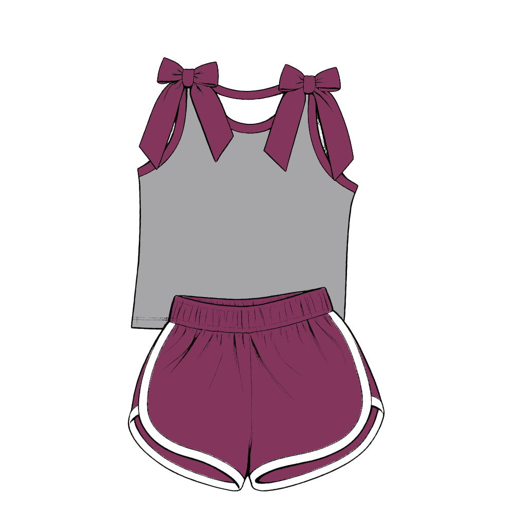 custom moq 5 mix size Baby Girls dark purplish-red Bow Sleeveless Top Shorts Summer Outfit Sets