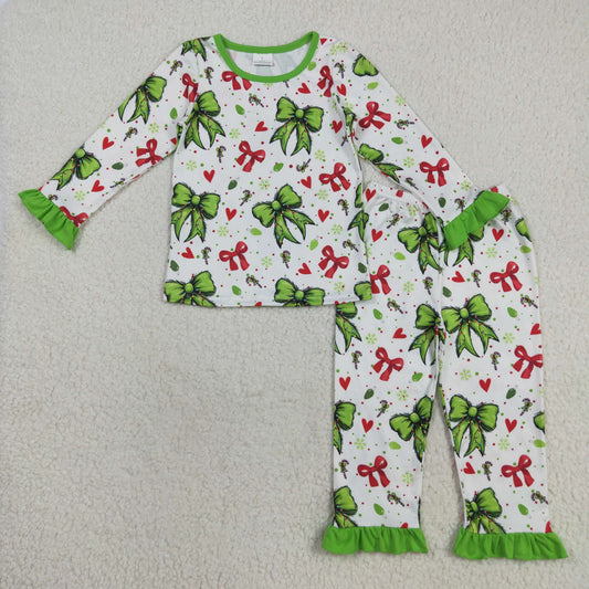 RTS NO MOQ（In Stock) GLP2628 Christmas heart red and green bow pattern white long-sleeved trousers pajama set