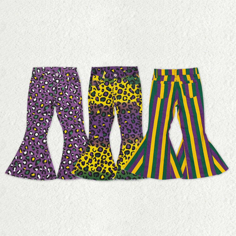 RTS NO MOQ Sibling Baby girl clothes Summer mardi gras long jeans pants