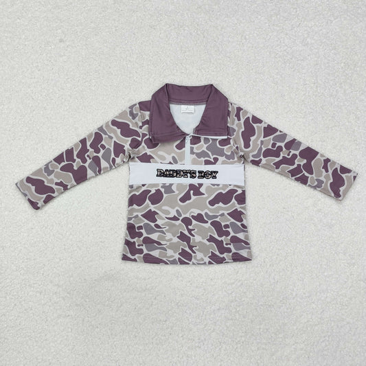 RTS NO MOQ（In Stock) embroidered daddy's boy camouflage zipper long-sleeved top