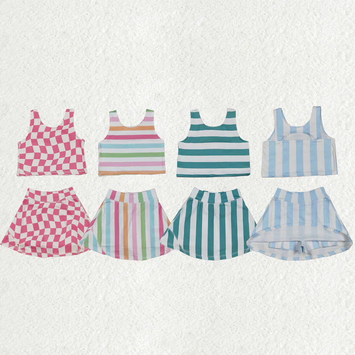 RTS NO MOQ Sibling baby Girls clothes yoga striped short sleeve Clothes Sets