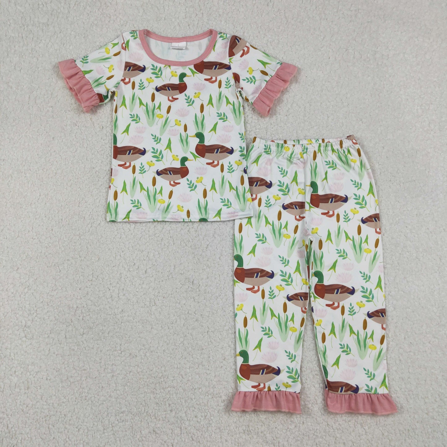 RTS NO MOQ（In Stock) Duck Floral Pink Lace Short-Sleeved Pants Set