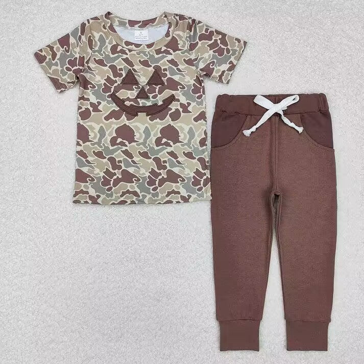 RTS NO MOQ Brown embroidered pumpkin smiley face camouflage short-sleeved trousers set & long-sleeved short romper