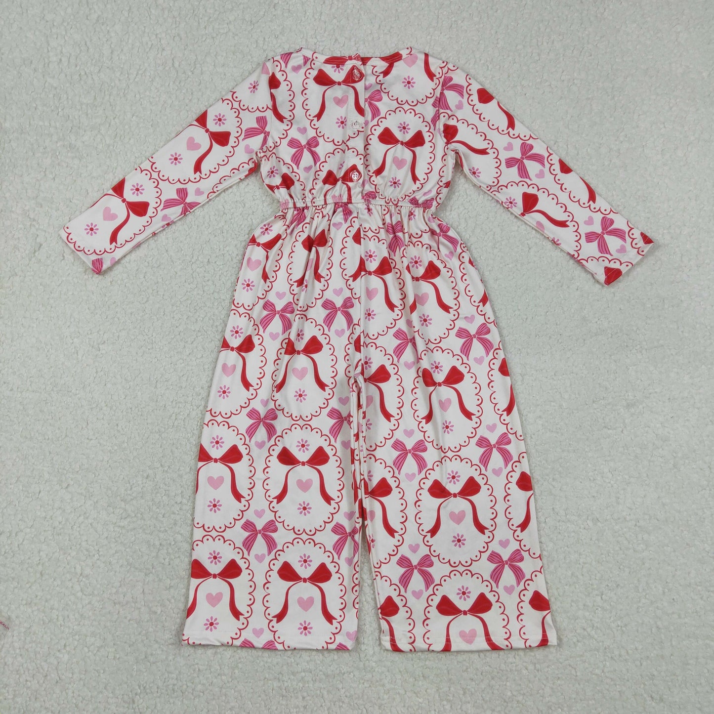 RTS NO MOQ（In Stock）Valentine's Day Heart and Bow Pattern Off-White Long-Sleeve Jumpsuit