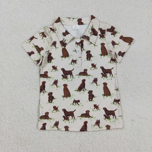 RTS NO MOQ（In Stock) BT1299 Puppy Grass Beige Button-Neck Short-Sleeved Top