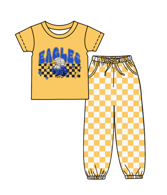 Custom moq 8 mix size milk silk summer teams baby boy clothes yellow plaid short sleeve pants sets-25.9.29
