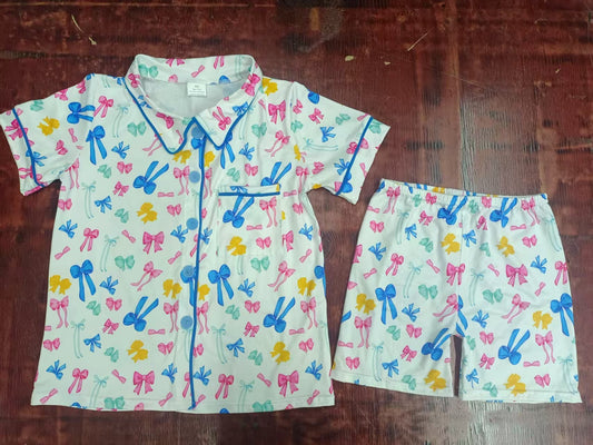 Custom moq 3 eta 6-7weeks baby girls clothes bow short sleeve shorts pajams sets