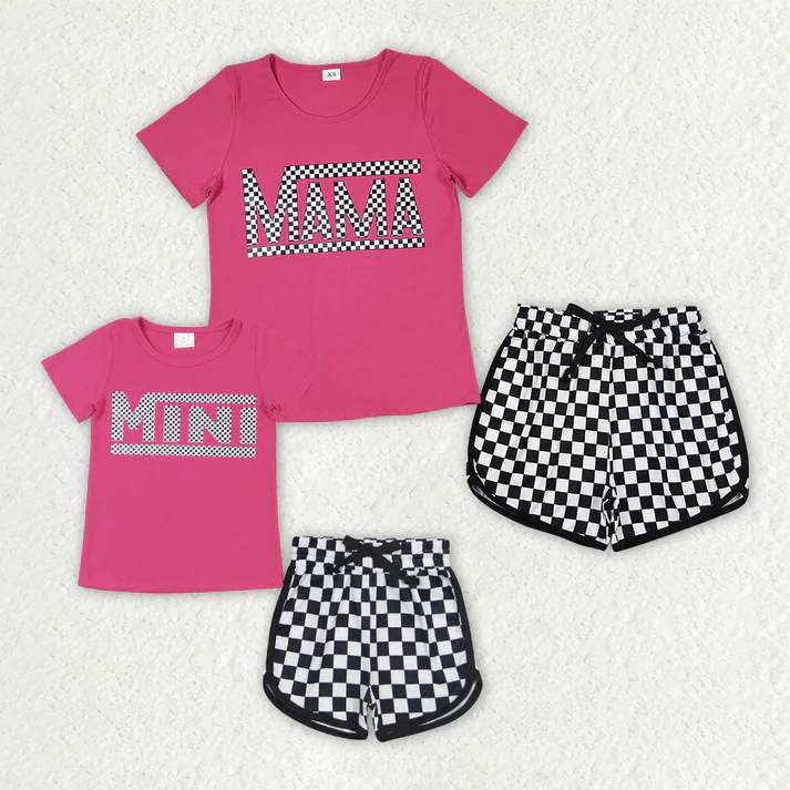 RTS NO MOQ Adult Girls clothes Short Sleeve black and white plaid Shorts Pajama Set & kids shorts sets