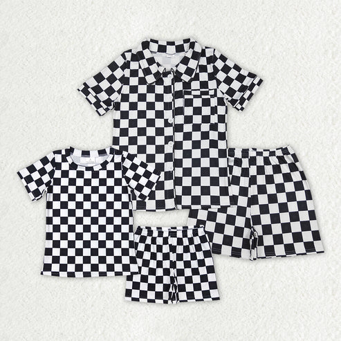 RTS NO MOQ Adult Girls black and white plaid Short Sleeve Shorts Pajama Set & kids shorts sets