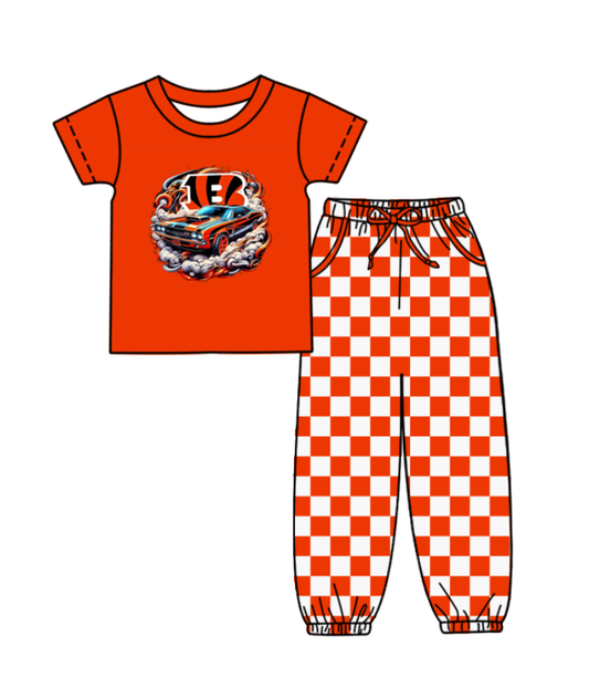 Custom moq 8 mix size milk silk summer teams baby boy clothes red and orange plaid short sleeve pants sets-25.9.29