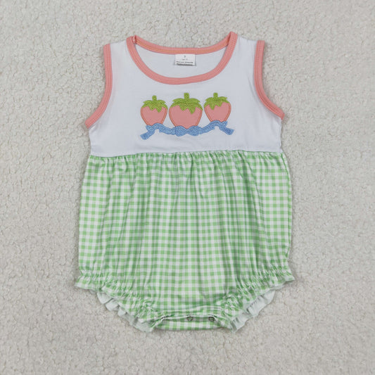 RTS NO MOQ（In Stock ) SR3725 Embroidered Strawberry Bow Pattern Green Plaid Vest Jumpsuit