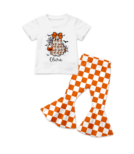 Custom summer teams baby girl clothes bow halloween orange plaid short sleeve pants sets-25.8.16