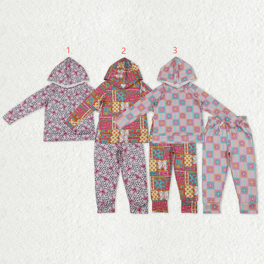RTS NO MOQ Sibling Baby girls Clothes floral bow hooded long-sleeved pants sets