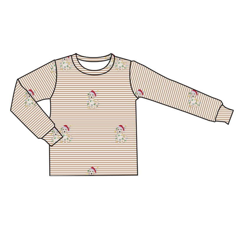Deadline November 11 custom no moq eta 6-8weeks Christmas Puppy Print Orange Striped Long Sleeve Top