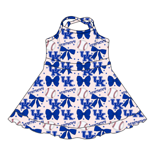 Custom moq 5 mix sizes summer teams baby girls clothes team baseball bow blue short sleeve dress-25.6.13