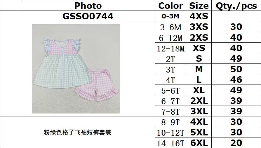 GSSO0744 Pink and green plaid flying sleeve shorts suit