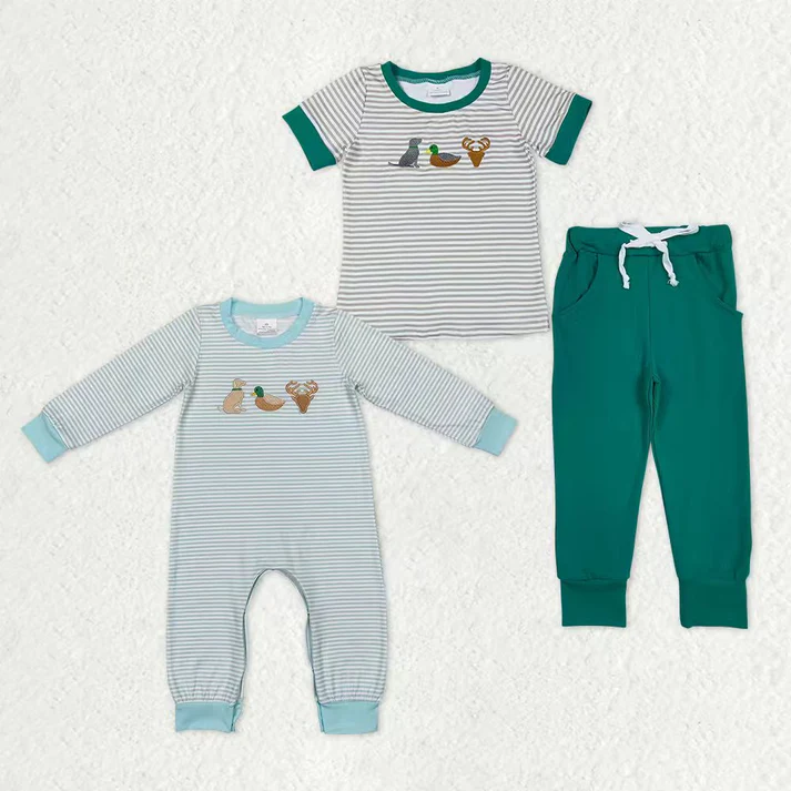 RTS NO MOQ Sibling baby Boys clothes embroidery duck puppy short sleeved pants set clothes and rompers