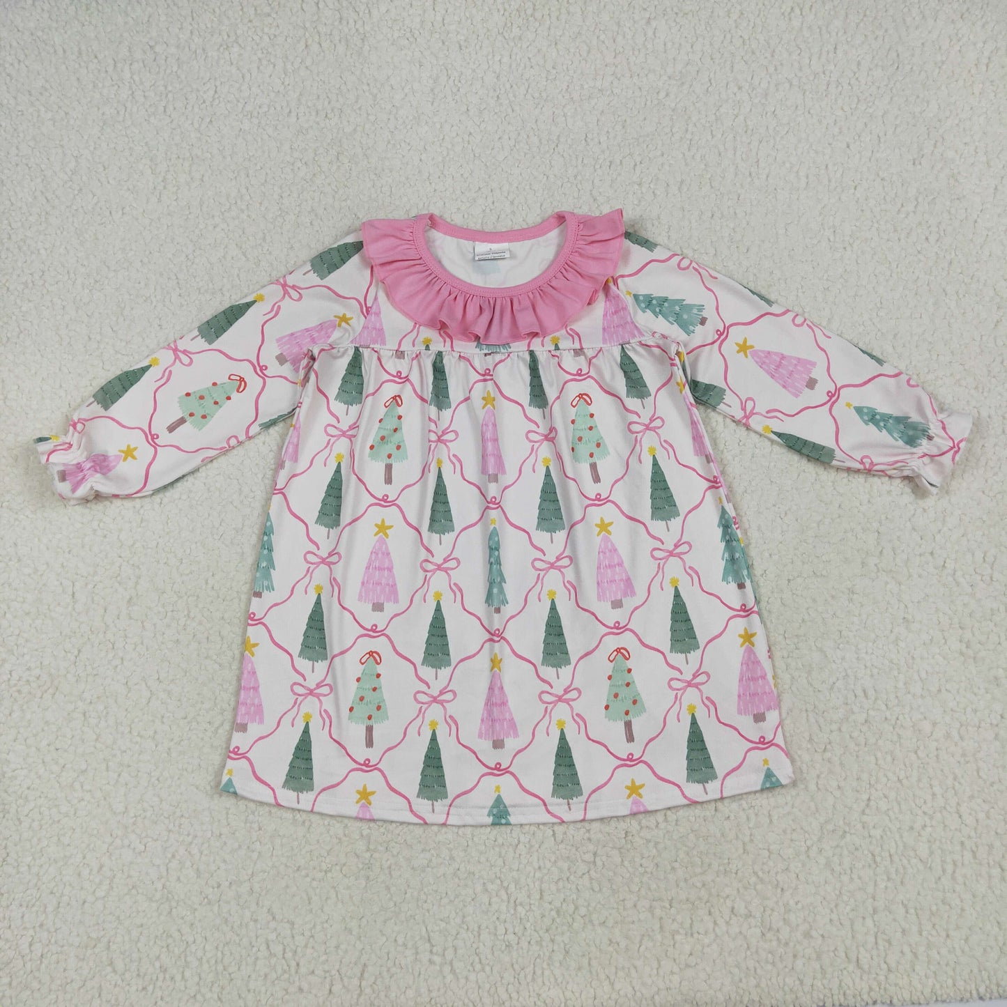 RTS NO MOQ GLD1093 Beige long-sleeved dress with pink lace and Christmas tree bow pattern