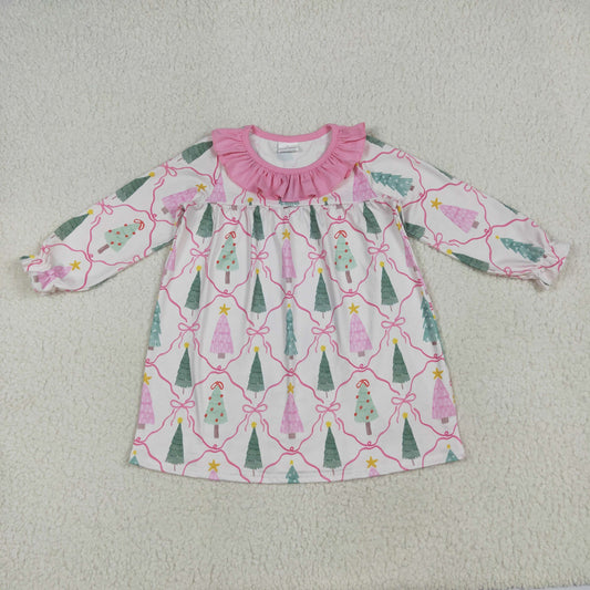 RTS NO MOQ GLD1093 Beige long-sleeved dress with pink lace and Christmas tree bow pattern