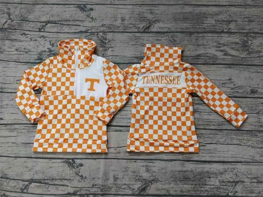 Custom moq 5 mix size milk silk summer teams baby girls clothes  Orange Plaid Girls Pullover