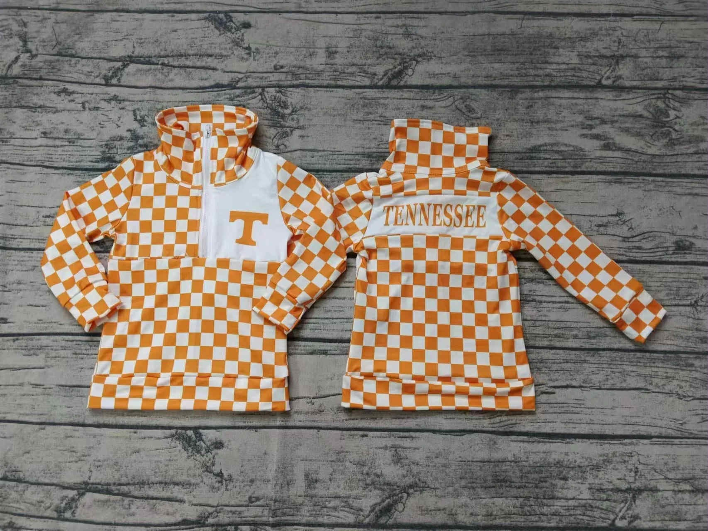 Custom moq 5 mix size milk silk summer teams baby girls clothes  Orange Plaid Girls Pullover