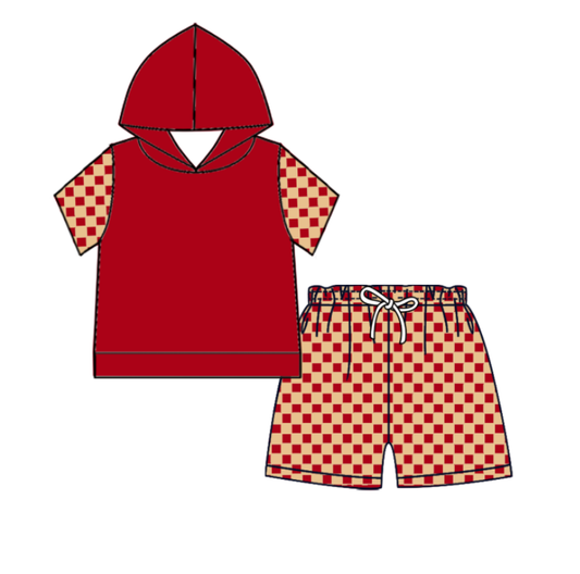 custom moq 5 mix size Baby Boys Red Plaid Short Sleeve Hoodie Top Plaid Shorts Casual Clothes Set