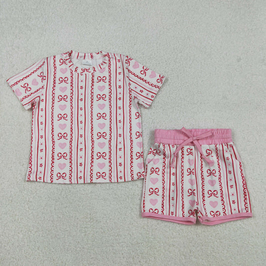 RTS NO MOQ（In Stock) Heart Bow Pattern Floral Striped Beige Short-Sleeved Shorts Set