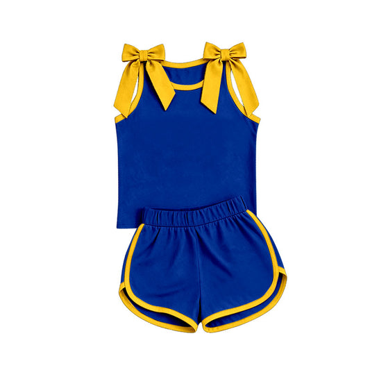 custom moq 5 mix size Baby Girls Yellow Bow Sleeveless Blue Top Shorts Summer Set