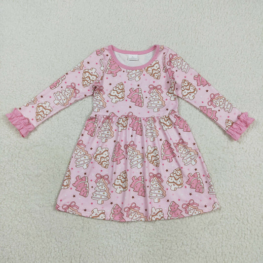 RTS NO MOQ（In Stock) GLD1124 Pink Long-Sleeved Dress with Christmas Tree Cookie Bow Pattern