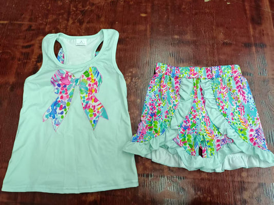 Custom moq 3 eta 6-7weeks baby girls clothes leopard bow teal sleeveless shorts sets