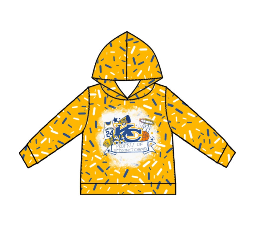 Custom moq 5 mix size milk silk summer team baby girls and boys clothes yellow hooded long sleeve top-25.10.22