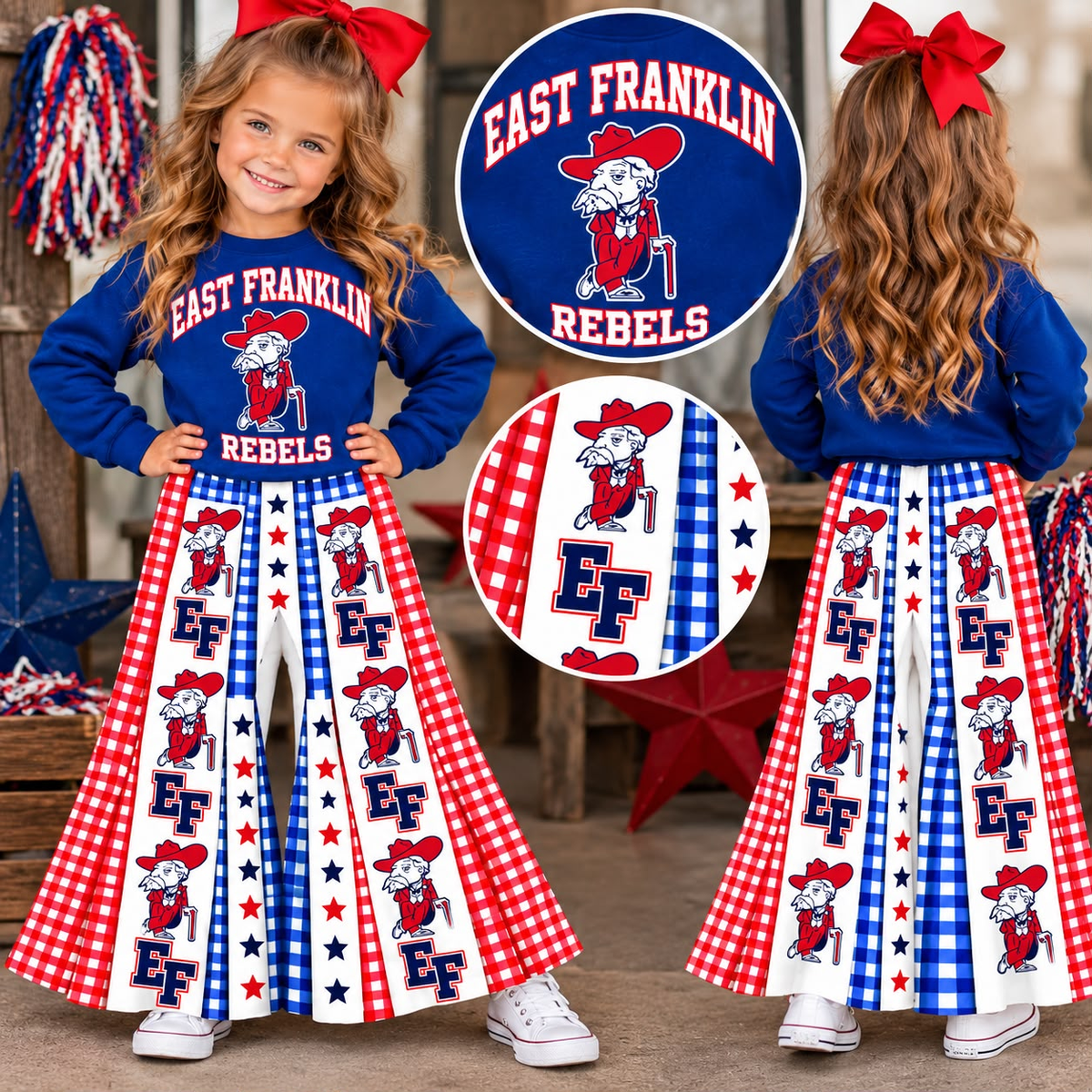custom moq 5 mix size yoga fabric EAROML0101 Baby Girls Blue Long Sleeve Top Red White Checker Bell Bottom Pants Team Set